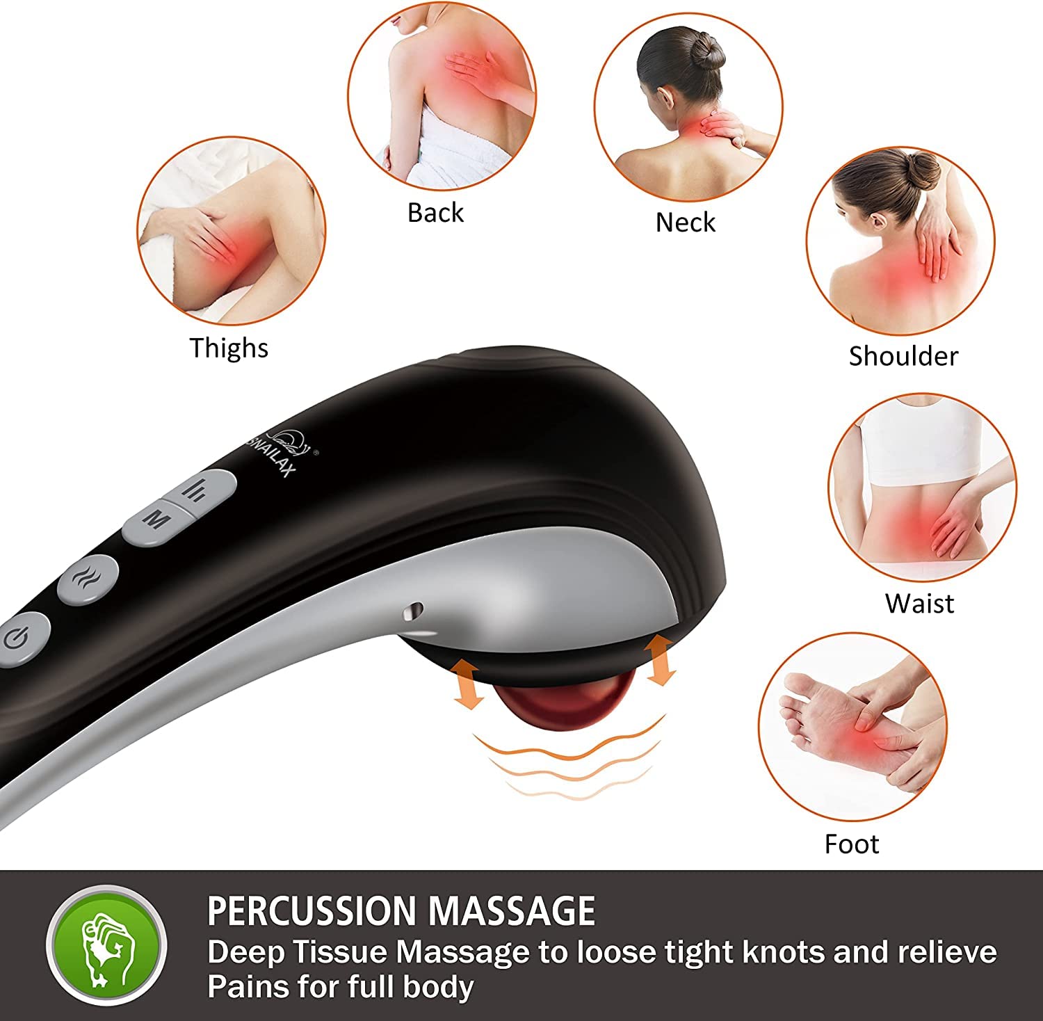 Snailax Cordless Handheld Back Massager With Heat,Deep Tissue Percussion Massager, 3 Sets Of Dual Pivoting Heads,Rechargeable Ha